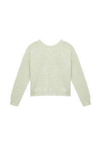 Jasnozielony krótki sweter z długimi rękawami, okrągłym dekoltem i miękką fakturą. Minimalistyczny design bez widocznych wzorów czy ozdób.