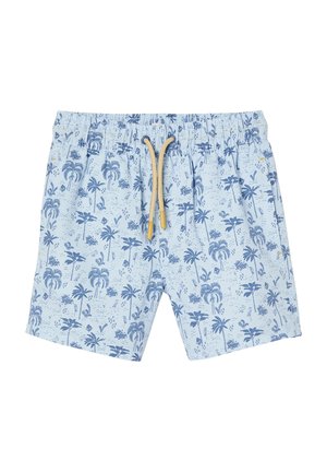 Hellblaue Badeshorts mit dunkelblauem tropischem Palmenmuster und beigem Kordelzug am elastischen Bund.