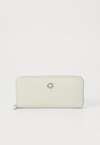 Portefeuille texturé blanc avec une fermeture éclair lisse, arborant un logo "G" en relief argenté à l'avant. Forme compacte et rectangulaire.