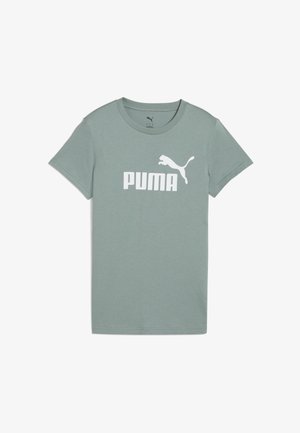 T-shirt en coton vert clair avec un col rond, mettant en avant un grand logo blanc "PUMA" et un graphique de puma en saut. Manches courtes, coupe standard.