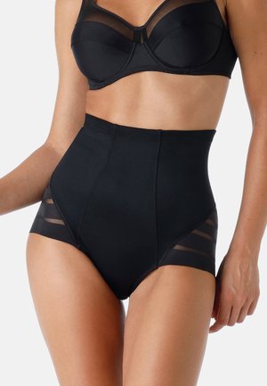Shapewear nero a vita alta con pannelli laterali in rete trasparente, texture liscia e un design strutturato per un fit sostenitivo.