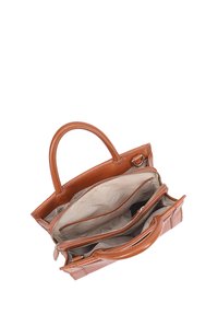 Sac à main en cuir marron avec un extérieur texturé, deux poignées et un intérieur clair contrasté comportant plusieurs compartiments et une fermeture zippée.
