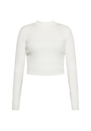Crop top bianco a maniche lunghe con scollo alto. Presenta un tessuto a coste e un design aderente, che enfatizza un aspetto pulito e minimale.