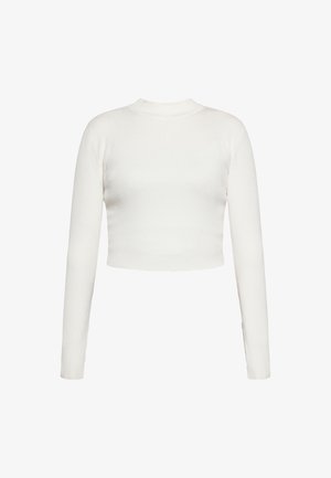 Crop top blanc à manches longues en côte avec un col montant. Élabore un tissu texturé et un design ajusté, mettant en avant un look épuré et minimal.