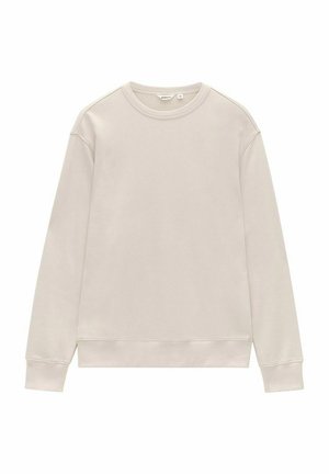 Lys beige sweatshirt med lange ærmer, rund hals, ribbede manchetter og kant, lavet af blødt stof med en glat tekstur og et minimalistisk design.