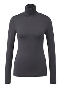 Dunkelgrauer, langärmeliger Rollkragenpullover aus glattem, elastischem Stoff mit einer figurnahen Passform und gerippter Textur. Keine Muster oder Metallteile vorhanden.