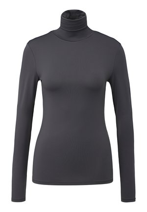 Tmav Gray dlhý rukáv s vysokým golierom vyrobený z hladkej, elastickej tkaniny s priliehavým strihom a rebrovanou textúrou. Bez vzorov alebo kovových prvkov.