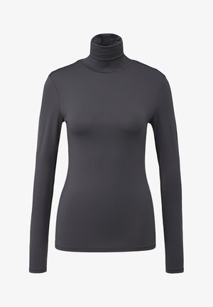 Czarny długi rękaw golf wykonany z gładkiej, elastycznej tkaniny o dopasowanym kroju i prążkowanej teksturze. Brak wzorów lub metalowych elementów.