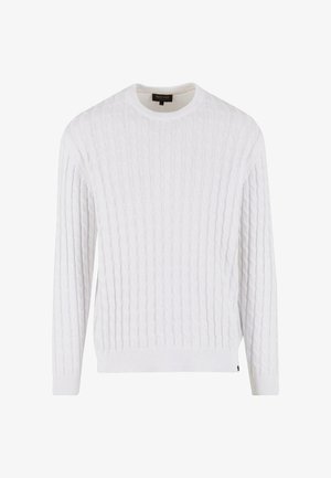 Weißer Strickpullover mit rundem Ausschnitt, langen Ärmeln und gerippten Bündchen und Saum. Der Stoff zeigt ein texturiertes Muster.