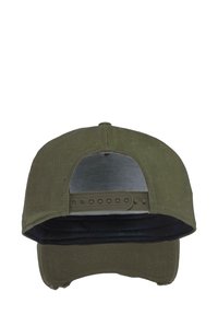 Olive green baseball cap with a curved brim, adjustable snapback closure, and a textured fabric. Interior lined with breathable mesh.