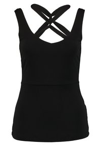 Top nero a canotta con scollatura a V profonda e design incrociato sulla schiena. Realizzato in tessuto liscio ed elastico per un comfort ottimale.