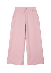 Pantalon de survêtement rose à jambes larges avec un motif texturé, taille élastique avec cordon de serrage et poches latérales. Orné de détails en métal doré.