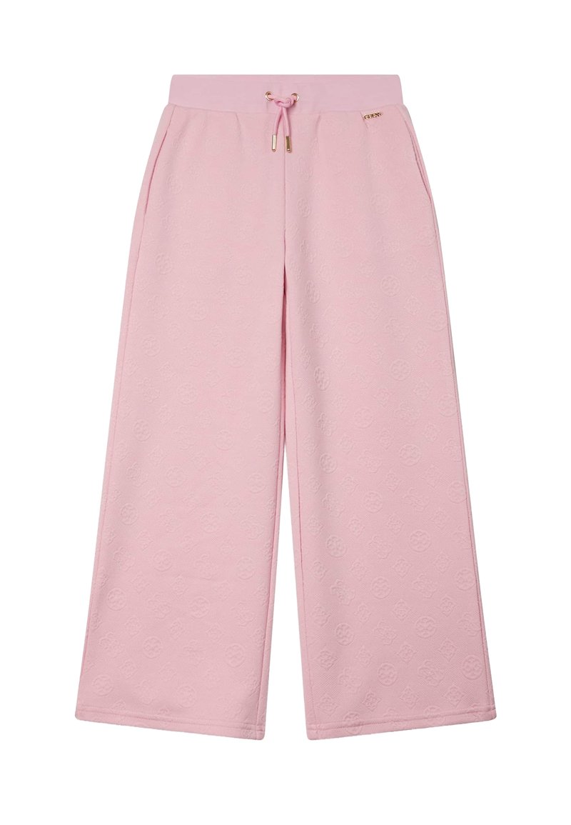 Pantalon de survêtement rose à jambes larges avec un motif texturé, taille élastique avec cordon de serrage et poches latérales. Orné de détails en métal doré.