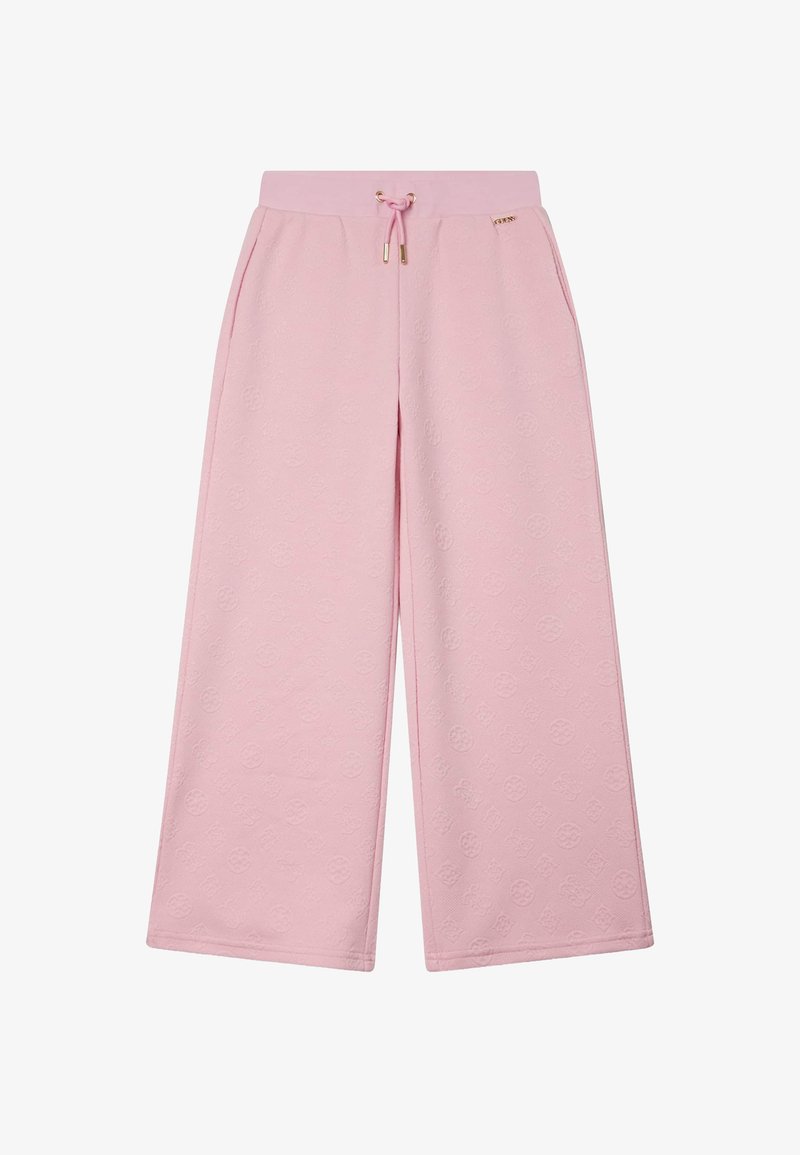 Pantalon de survêtement rose à jambes larges avec un motif texturé, taille élastique avec cordon de serrage et poches latérales. Orné de détails en métal doré.