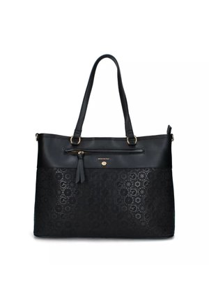 Zwarte tote bag met een gladde leren afwerking, gestructureerde vorm, geëmbossed patroon, dubbele handvatten en een voorkant met ritsvak.