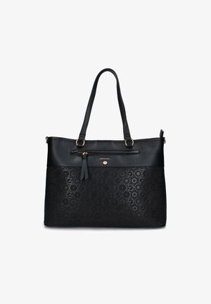 Borsa a tracolla nera con finitura in pelle liscia, caratterizzata da una forma strutturata, un motivo in rilievo, doppi manici e una tasca frontale con zip.