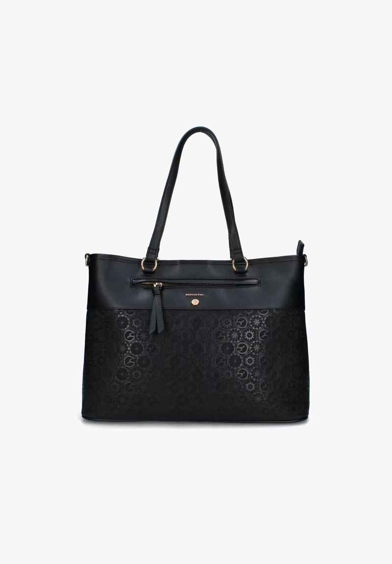 Borsa a tracolla nera con finitura in pelle liscia, caratterizzata da una forma strutturata, un motivo in rilievo, doppi manici e una tasca frontale con zip.