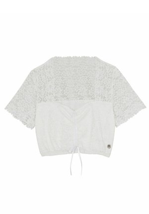 Crop top en dentelle blanche avec des manches courtes, détail froncé à l'avant et fermeture à nouer en bas. Comprend un petit emblème de la marque sur le côté.