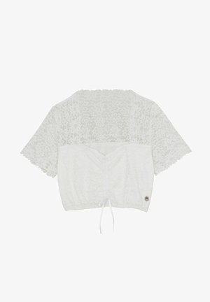 Witte kant crop top met korte mouwen, geplooid voorpand en striksluiting aan de onderkant. Heeft een klein merkembleem aan de zijkant.