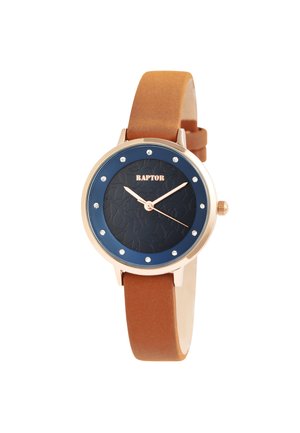 Rose gold watch with a dark blue textured face, accented by silver dots. Brown leather strap, round shape, and simple hour markers.