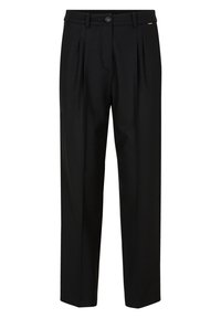 Pantalons noirs sur mesure avec plis sur le devant, fermeture à bouton et passants pour ceinture. Fabriqués dans un tissu lisse, présentant un design minimaliste sans motifs.