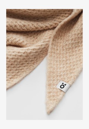 Beige knitted scarf with a textured, soft finish. Features a triangular tip and a white tag with a black logo.