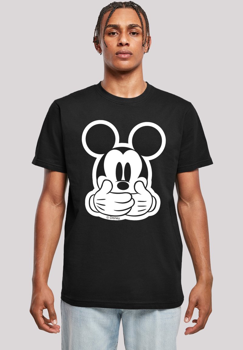 Schwarzes Baumwoll-T-Shirt mit einem großen, zentralen Mickey-Mouse-Graphic in weißen Umrissen und einem verspielten Handzeichen.
