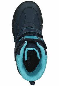 Scarpina per bambini di colore blu navy con due cinturini regolabili, fodera in rete azzurro chiaro e suola in gomma texturizzata. Punta rotonda e colletto imbottito.