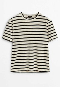 Randig kortärmad T-shirt i off-white och svart. Har en rund halsringning och en avslappnad passform med ett mjukt, texturerat tyg.