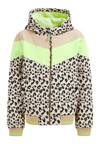 Giacca con cappuccio in stampa leopardata con blocchi di colore beige e verde neon, zip frontale, tasche e polsini e orlo a coste.