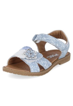 Hellblaue Kindersandale mit Blumenmuster, offenem Zehenbereich, Klettverschluss und dekorativer Blume mit Strasssteinen am Vorderriemen.