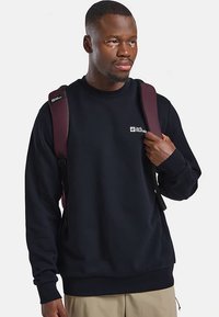 Black sweatshirt with a crew neck and ribbed cuffs, featuring a small white logo on the chest. Worn with a maroon backpack.