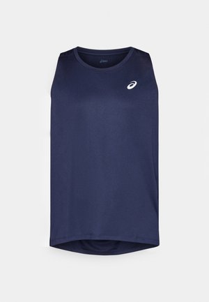 Canotta atletica senza maniche di colore blu navy, realizzata in tessuto testurizzato, con orlo arrotondato e un piccolo logo bianco sul petto.