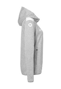 Grijze hoodie met een ritssluiting zijzak, zachte textuur en een moderne snit. Logo-accenten op de schouder en mouw.