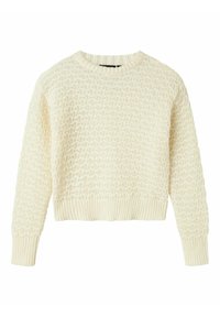 Ecrufarbenes Strickpullover mit einem strukturierten Rautenmuster, ausgestattet mit einem gerippten Rundhalsund und Saum sowie langen Ärmeln.