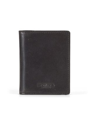 Black leather wallet with a smooth finish, featuring a logo in debossed text, folded design, and contrasting stitching along the edges.