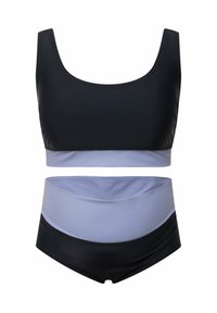 Dvoudílné plavky s černým topem na ramínka a vysokými kalhotkami, kombinující černé a světle fialové panely.