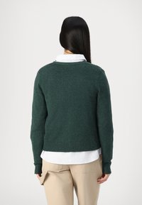 Groene wollen trui met een ronde halslijn, geribbelde manchetten en zoom, gecombineerd met een wit shirt met blauwe strepen, in combinatie met beige broeken.