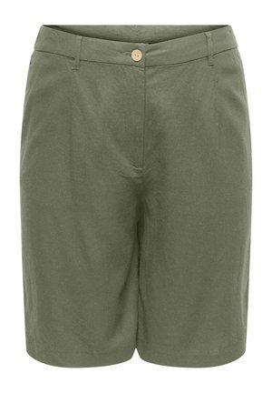 Olijfgroene knielange korte broek met een enkele beige knoopsluiting, lussen voor een riem en een aansluitende tailleband.