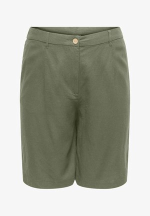 Pantaloni scurți kaki de lungime până la genunchi, cu o închidere cu un singur nasture bej, bucle pentru curea și talie ajustată.