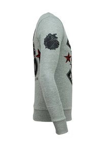 Grijze sweatshirt met ronde hals, geribde manchetten en verschillende graphics, waaronder sterren en een bulldogontwerp op de mouwen.