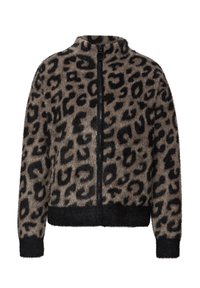 Kurtka na zamek z nadrukiem w cętki lamparta w kolorze jasnobrązowym i czarnym, z wysokim kołnierzem, miękką, teksturowaną tkaniną oraz dopasowanym, czarnym ściągaczem w talii i mankietach.