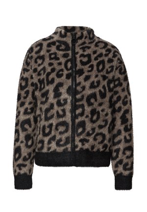 Kurtka na zamek z nadrukiem w cętki lamparta w kolorze jasnobrązowym i czarnym, z wysokim kołnierzem, miękką, teksturowaną tkaniną oraz dopasowanym, czarnym ściągaczem w talii i mankietach.