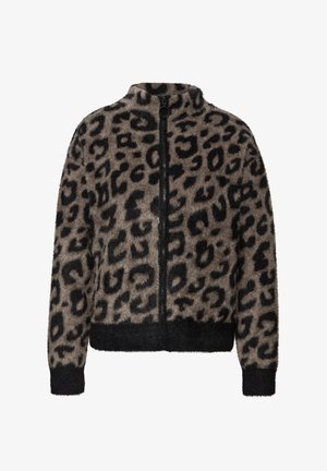 Kurtka na zamek z nadrukiem w cętki lamparta w kolorze jasnobrązowym i czarnym, z wysokim kołnierzem, miękką, teksturowaną tkaniną oraz dopasowanym, czarnym ściągaczem w talii i mankietach.