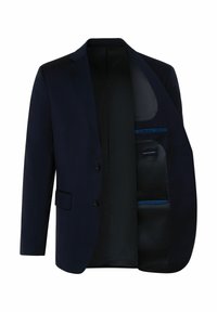 Marineblauwe blazer met twee knopen, notch lapels en een gladde binnenvoering. Heeft zakken met een blauwe accent. Classiek op maat gemaakt ontwerp.