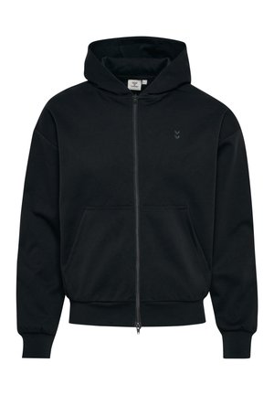 Czarna bluza z kapturem na zamek, z przednimi kieszeniami, ściągaczami na rękawach i małym logo na lewej piersi, z dołączonym kapturem.