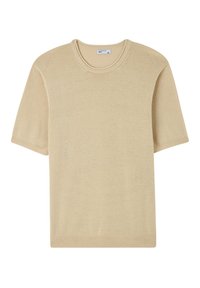 Maglione beige a maniche corte in maglia con scollatura rotonda e polsini a costine, caratterizzato da una texture liscia e una vestibilità rilassata. Taglia XL.