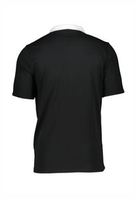 Schwarzes Poloshirt mit kurzen Ärmeln und weißem Kragen. Hergestellt aus weichem Stoff mit glatter Textur. Einfaches Design, keine Muster oder Akzente.