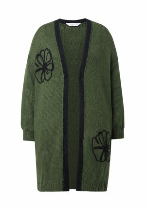 Grüner, gestrickter Cardigan mit schwarzen Akzenten. Verfügt über florale Stickereien auf jeder Seite und ein lockeres, offenes Design. Lange Ärmel.