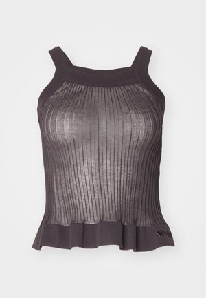 Mørkegrå ribbet tanktop med tynde stropper, en tætsiddende overdel og en klokkeformet kant. Materialet ser let og tekstureret ud med en diskret glans.
